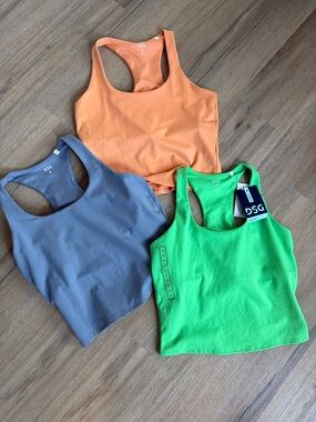(3) DSG Women's Racerback Crop Tank Tops- Green blue and orange